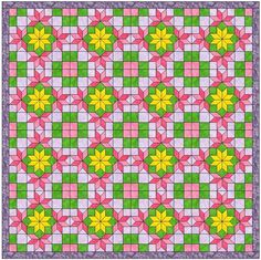 an image of a quilting pattern with flowers in the center and green, pink, yellow