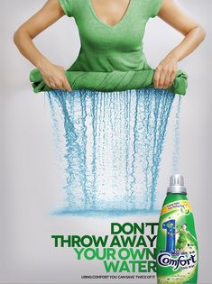 a woman in green shirt standing next to a bottle of mouthwash with water coming out of it