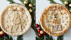 two christmas pies with decorations on them