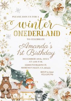 a white and gold birthday party with animals, flowers and snowflakes on it