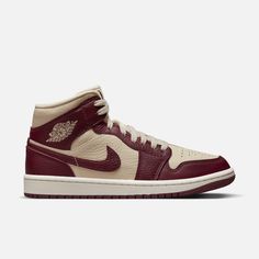 Style No. DR0501-200 Color: Beach/Cherrywood Red/Sail With these mid-top AJ1s, you don't have to choose a favorite color. Contrasting panels make these sneaks stand out, proving that every side is your good side. Air Jordan 1 Mid SE Women's Shoes. Air Jordan 1 Mid Women, Air Jordan 1 Mid Se, Jordan Retro 1, Nike Air Jordan 1 Mid, Womens Air Jordans, Air Jordan Retro, Retro 1, Womens Jordans, Air Jordans Retro