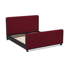 a bed with a red headboard and foot board