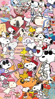 an image of many cartoon characters on a pink background with the words hello kitty written in white