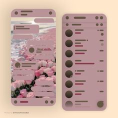 two cell phones side by side with pink flowers on the beach and water in the background