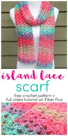 a crocheted scarf is shown with the text, island lace scarf