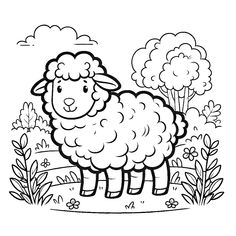 a black and white sheep standing in the grass with flowers on it's side