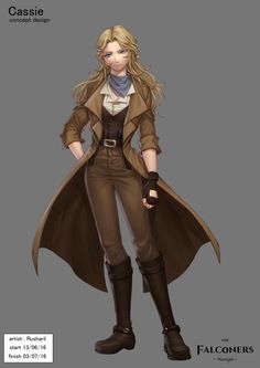 a woman with long blonde hair wearing a brown coat and boots, standing in front of a