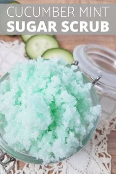 cucumber mint sugar scrub in a glass bowl