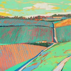 an abstract painting of farm land with hills in the background