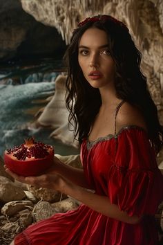 a woman in a red dress holding a pomegranate