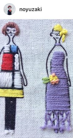 two hand embroidered pictures of women in different colors and sizes, one is wearing a dress