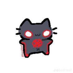 a black cat with red eyes and a skull on it's chest is shown