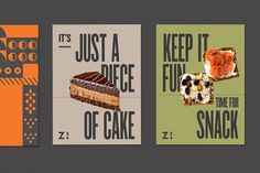 three posters with different types of food on them, one for cake and the other for dessert