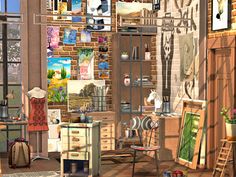 an artist's studio with lots of paintings and art supplies on display in it