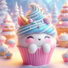 a cupcake with blue frosting and pink icing, surrounded by other cupcakes