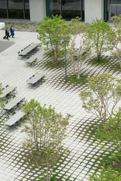 an aerial view of benches and trees in front of a building