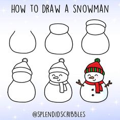 how to draw a snowman with four different shapes and colors, including the hat