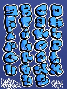 blue graffiti type letters and numbers on a dark blue background with white writing below them