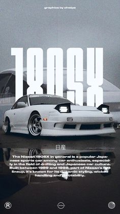 an advertisement for the japanese car show, tokyo with a white sports car in the background