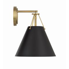 a black and gold lamp hanging from the ceiling with an arm extended to it's side