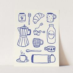 a card with blue ink drawings of coffee and kitchen items on it, sitting on a table