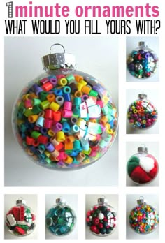 an ornament is filled with lots of beads and magnets to make it look like a christmas ornament