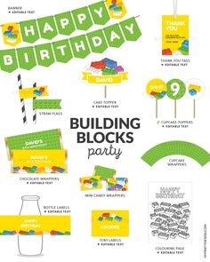 birthday party printables for kids including cake toppers, candy sticks and decorations