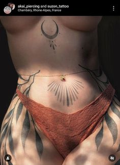 Big Women Tattoos, Celestial Stomach Tattoos, Under Navel Tattoo, Asymmetrical Stomach Tattoo, Symmetrical Lower Stomach Tattoos, Belly Bottom Tattoos For Women, Stomach Tattoos To Cover Loose Skin, Hip To Stomach Tattoos Women, Needle Play Piercing Art