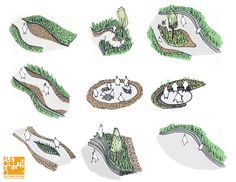 several drawings of different paths and trees