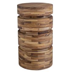 three stacked wooden stools on white background