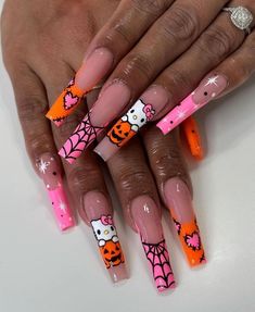 Nail Signs, Nail Art Halloween, Halloween Acrylic Nails, Cute Halloween Nails, Cute Acrylic Nail Designs, Her Nails, Hello Kitty Nails, Fall Acrylic Nails, Acrylic Nails Coffin Pink