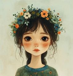 ✨🎨Charming Illustrations with Creative Midjourney Prompts: Click on the Link in my Profile📌🔗 Flower Crown Illustration, Drawing Of Girl, Crown Illustration, Flowers Headband, Girl With Flowers, Water Illustration, Chibi Anime Kawaii