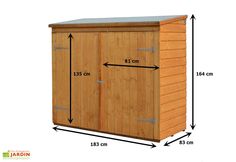 a large wooden storage shed with measurements