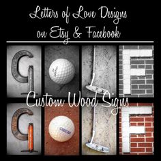 different types of golf balls and other items in black and white with the words letters of love designs on etsy & facebook custom wood signs