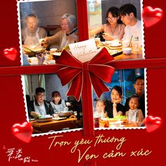 an image of a family celebrating valentine's day with red ribbon and heart decorations