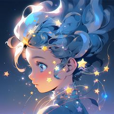 a girl with blue hair and stars on her head is looking at the sky in front of her