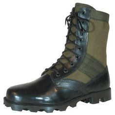 Features Panama sole and heel vulcanized to leather upper Steel shank in-sole for support with leather inner sole Nylon webbing on sides and collar Color - Olive Drab Wide Size - 10 - SKU: ZX9FXOD6986 Color: Green.  Gender: unisex.  Age Group: adult. Vietnam Jungle, Mens Hunting Boots, Jungle Boots, Army Boots, Mens Hiking Boots, Boot Shoes, Hunting Boots, Tactical Boots, Outdoor Products