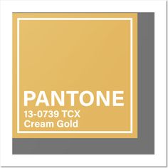 the pantone cream gold logo is shown in white and grey on a yellow background