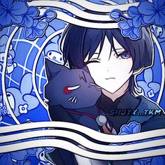 an anime character holding a cat in front of blue flowers and swirls with the caption shot taken from above