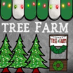 a christmas tree farm sign with lights and trees