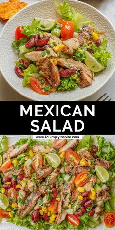 mexican salad with chicken, lettuce, tomatoes and corn in it on a white plate