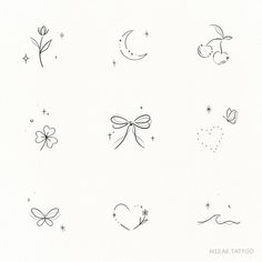 six different tattoo designs on a white background with stars, hearts, and flowers in black ink