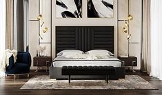 a modern bedroom with an upholstered bed and artwork on the wall above it