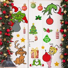 the grinch door is decorated with christmas decorations and holiday stickers on it's doors