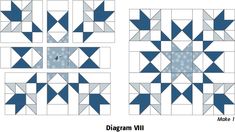 three different quilt blocks with blue and white designs on them, one has an arrow in the center