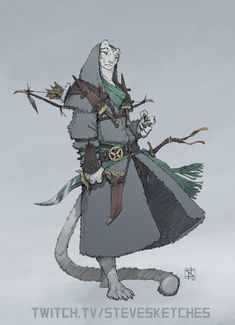 a drawing of a person dressed as a rat with two swords in their hands and wearing a hooded outfit