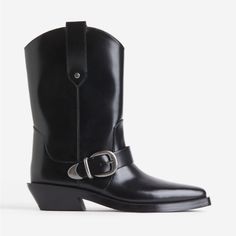 Calf-High Cowboy Boots With Pointed Toes, Side Loops At Leg Openings, And A Tab Around Ankle With A Metal Buckle. Cowboy Heels. Satin Lining. Heel Height 1 1/2 In. Black Western Mid-calf Boots For Workwear, Black Western Style Mid-calf Boots For Work, Black Western Style Mid-calf Work Boots, Trendy H&m Boots With Round Toe, H&m Trendy Round Toe Boots, Trendy H&m Round Toe Boots, Casual Winter Boots By H&m, H&m Casual Boots For Fall, H&m Leather Winter Boots