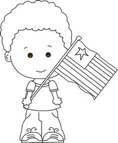 a boy holding an american flag coloring page