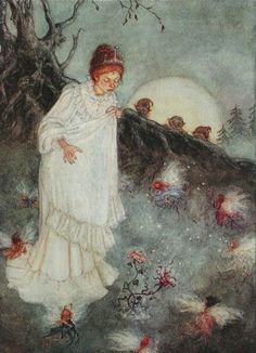 a painting of a woman in white dress standing next to a tree and flying birds