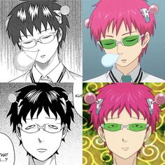 three anime characters with pink hair and green eyes, one wearing glasses the other in black and white